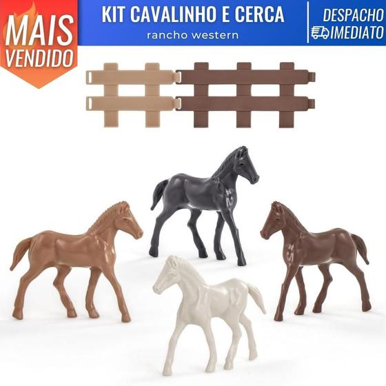 Imagem de Kit Cavalinhos Brinquedo Coloridos Rancho Western 4 cavalos 8 Cercas
