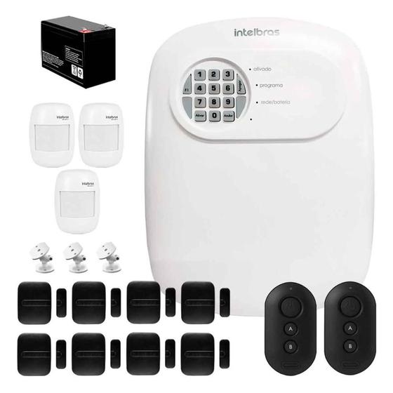 Imagem de Kit Central de Alarme ANM 24 NET Intelbras, 3 sensores de presença IVP 2000 Sem Fio, 8 Sensores de portas e janelas XAS Smart Black, 2 Controles