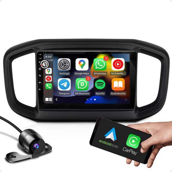 Imagem de Kit central multimidia 2 GB com função carplay GPS Bluetooth  + moldura 9 polegas compativel com strada, fiorino e partner rapid + camera de ré 