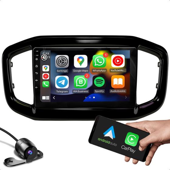 Imagem de Kit central multimidia 2 GB com função carplay GPS Bluetooth  + moldura 9 polegas compativel com strada, fiorino e partner rapid + camera de ré 