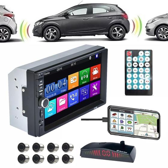 Imagem de Kit Central Multimídia 7810HC Mp5 2 USB GPS Bluetooth Espelha IOs Android e Câmera de Ré + Sensor de Ré com Display e Sinal Sonoro