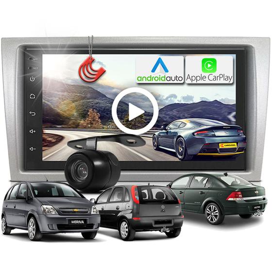 Imagem de Kit Central Multimidia MP5 + Camera de ré + Moldura Prata Corsa Montana Vectra AndroidAuto CarPlay