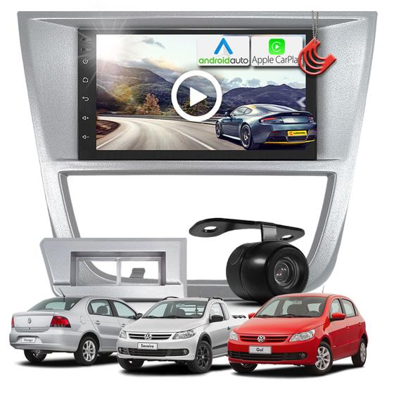 Imagem de Kit Central Multimidia MP5 + Camera de ré + Moldura Prata Gol Voyage Saveiro G5 AndroidAuto CarPlay