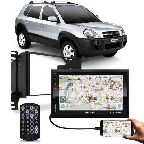 Imagem de Kit Central Multimídia Shutt Las Vegas 7 Pol Bluetooth Touch USB + Moldura Tucson 05 a 13 Preto