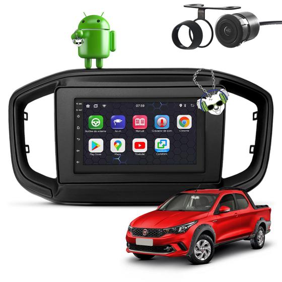 Imagem de Kit Central Multimídia Sistema Android Espelhamento Usb Bluetooth Fiat Strada 2020 em Diante Moldura na Cor Preto Fosco