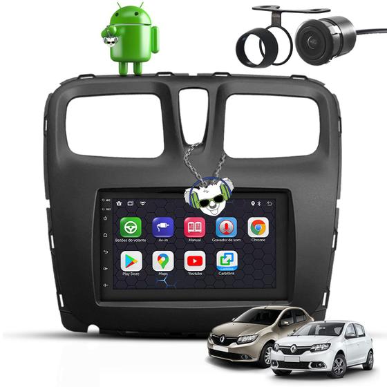 Imagem de Kit Central Multimídia Sistema Android Espelhamento Usb Bluetooth Renault Sandero e Logan 2016 2017 2018 Moldura na Cor Preto Fosco