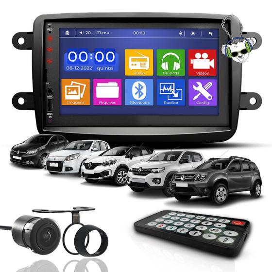 Imagem de Kit Central Multimídia Universal Espelhamento Usb Mp5 2 Din Bluetooth Câmera de Ré Renault Sandero Logan Duster Kwid Captur Moldura Preta