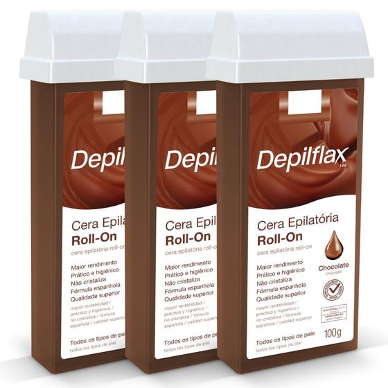 Imagem de Kit Cera Depilatória Corporal Roll On Refil Chocolate Pack 3 Unidades Depilflax 100g