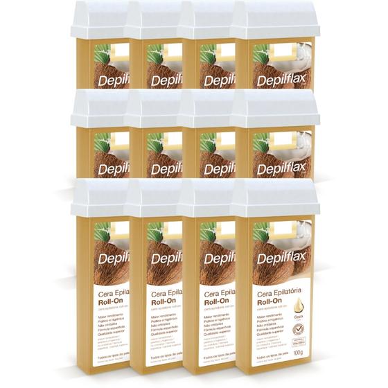 Imagem de Kit Cera Depilatória Corporal Roll On Refil Coco Pack 12 Unidades Depilflax 100g