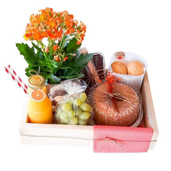 Imagem de kit cesta de café da manhã com frutas e flores naturais