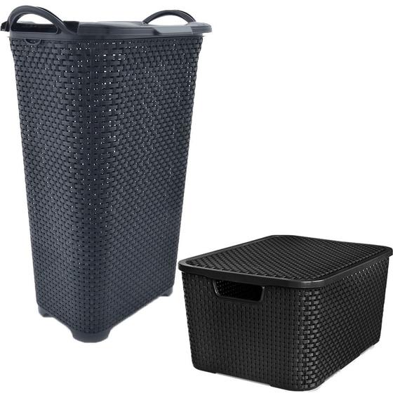 Kit Cesto de Roupa Rattan 50L + Caixa Organizadora 7L Preta Menor preço em Kit Cesto de Roupa Rattan 50L + Caixa Organizadora 7L Preta