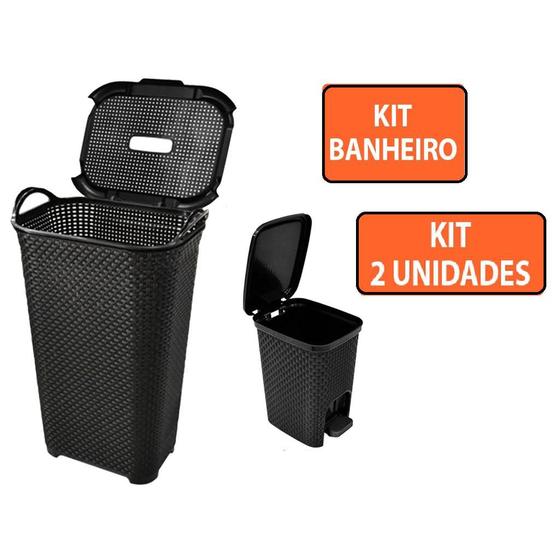 Kit - Cesto de Roupa Rattan c/ Tampa e Alça Basculado 50Lts + Lixeira 7Lts Rattan ARQPLAST Menor preço em Kit - Cesto de Roupa Rattan c/ Tampa e Alça Basculado 50Lts + Lixeira 7Lts Rattan ARQPLAST
