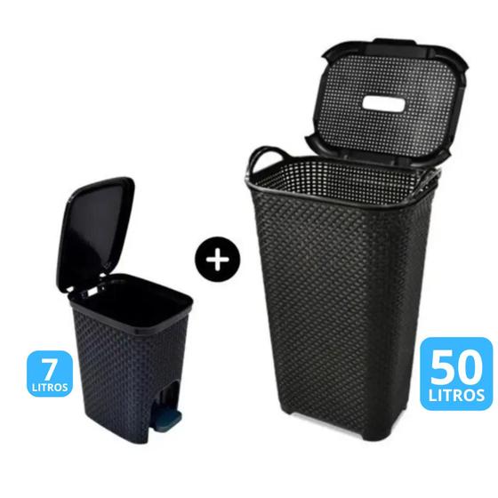 Imagem de Kit Cesto de Roupas 50L Com Alça E Lixeira Com pedal 7L Rattan Plástico
