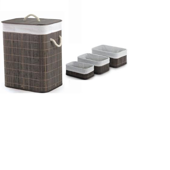 Imagem de Kit cesto de roupas  c/ tampa + 3 cesto organizador bambu escuro