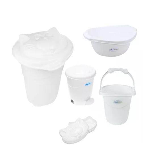 Imagem de Kit Cesto, Lixeira, Saboneteira, balde E Bacia Gatinho Branco  - Plastibaby