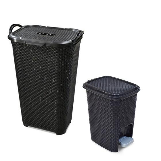 Kit Cesto Organizador Multiuso 50L + Lixeira Pedal Rattan 7L