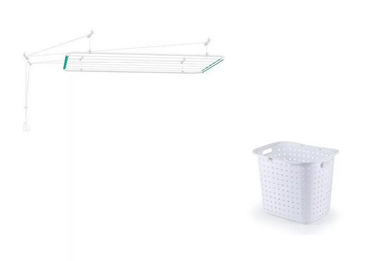 Kit Cesto Roupa Branco Com Varal De Teto Aço 1,20 Metro Menor preço em Kit Cesto Roupa Branco Com Varal De Teto Aço 1,20 Metro