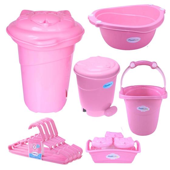Imagem de Kit Cesto Roupa De Bebê Plastibaby com Bacia + Balde + Lixeira + Organizador + Cabide - Azul e Rosa