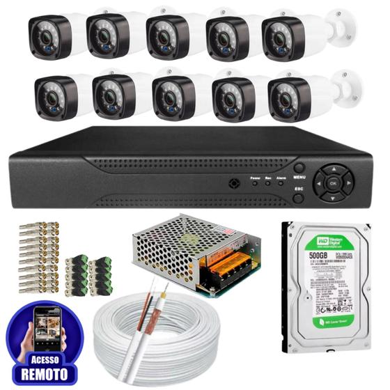 Imagem de Kit Cftv 10 Câmeras Segurança Infravermelho 20 Metros Dvr Multi Hd 16ch Acesso Remoto C/HD 500GB
