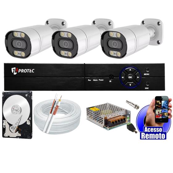 Kit Cftv 3 Câmeras Segurança Colorida Dia Noite Full Color 2mp 1080p