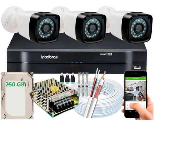 Imagem de Kit Cftv 3 Cameras Segurança digital hd Dvr Intelbras 4ch C/ HD 250GB e 50m de cabo