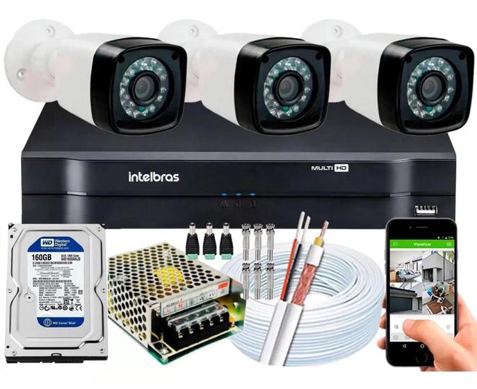 Imagem de Kit Cftv 3 Cameras Segurança Full Hd 1080p Dvr Intelbras 4ch Full HD c/ hd