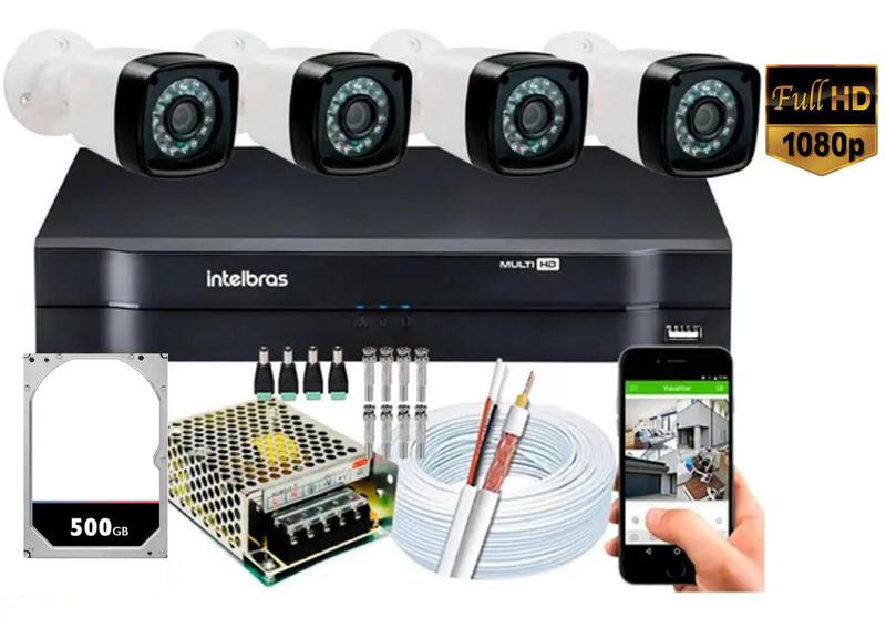 Imagem de Kit Cftv 4 Cameras Segurança HD Full Hd Dvr Intelbras 4ch com armazenamento de 500gb