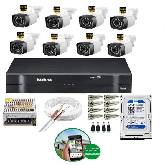 Imagem de Kit Cftv 8 Câmeras Segurança FULL HD 2MP Dvr Intelbras MHDX C/HD 500gb