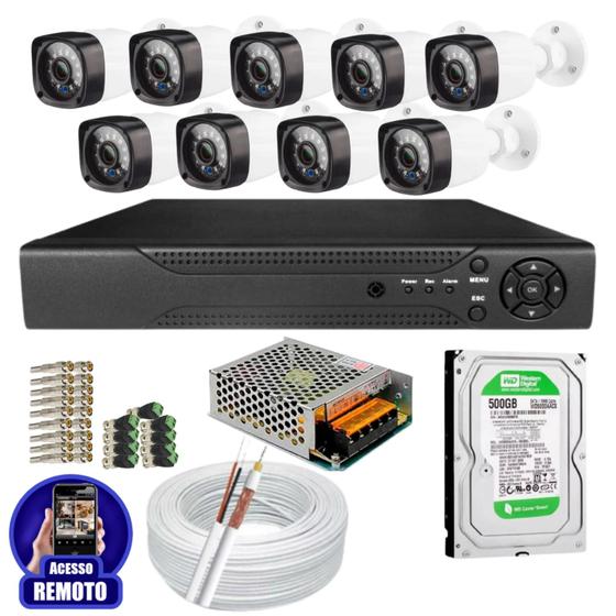 Imagem de Kit Cftv 9 Câmeras Segurança Infravermelho 20 Metros Dvr Multi Hd 16ch Acesso Remoto C/HD 500GB