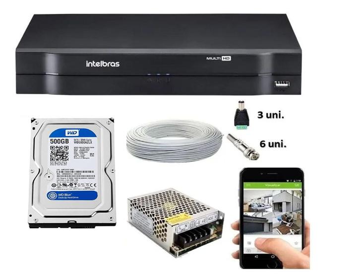 Imagem de Kit Cftv Dvr Intelbras Mhdx Cabo E Conectores C/Hd 500gb