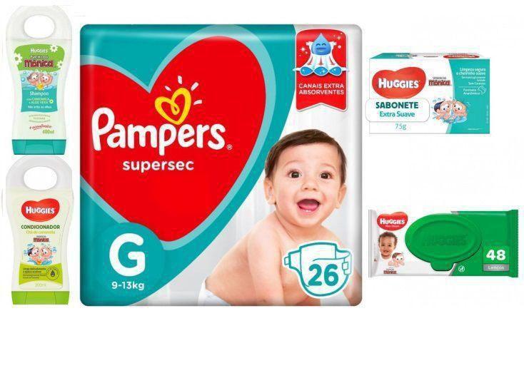 Imagem de Kit Cha De Bebe Fralda Pampers P, Lencinho, Shampoo, Condicionador, sabonete Infantil