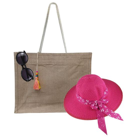 Imagem de Kit Chapéu, Bolsa De Palha E Oculos De Sol Feminino Básico Para Praia, Piscina, Passeios Ao Ar Livre