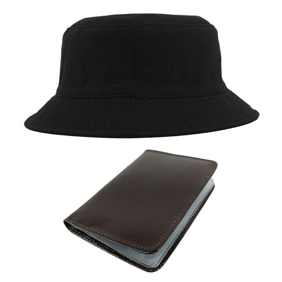 Imagem de Kit Chapéu Bucket Hat E Carteira Masculina Pequena Marrom Compartimento Para Cédulas, Porta Documentos De Carro E Rg
