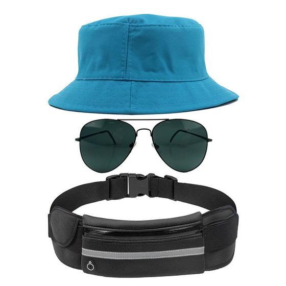 Imagem de Kit Chapéu Bucket Hat, Pochete Ajustável Impermeável Saída De Fone E Óculos de Sol Piloto Em Metal Proteção UV400 MD-21