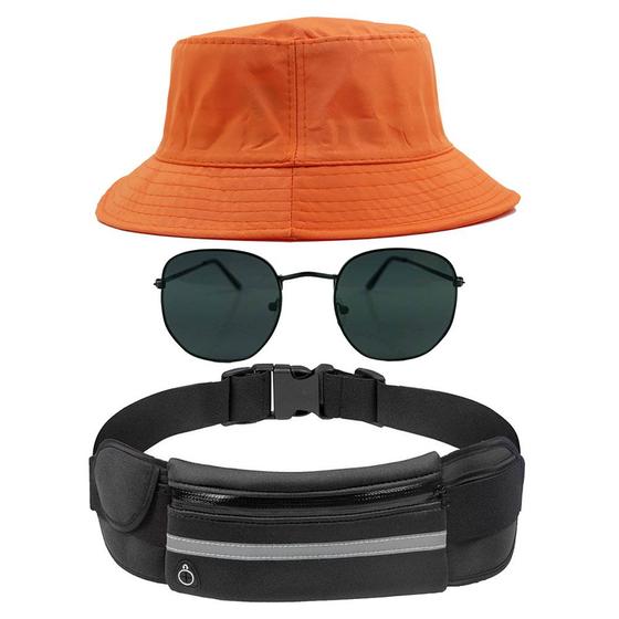 Imagem de Kit Chapéu Bucket Hat, Pochete Ajustável Impermeável Saída Fone E Óculos de Sol Hexagonal Armação De Metal Pequeno MD-29