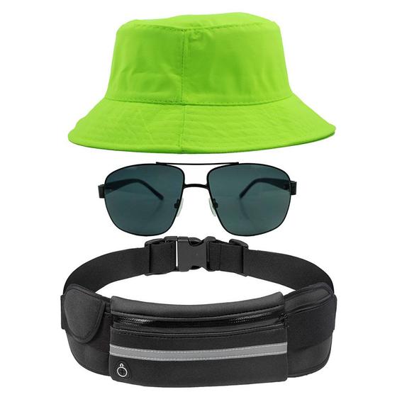 Imagem de Kit Chapéu Bucket Hat, Pochete Ajustável Impermeável Saída Fone E Óculos de Sol Piloto Quadrado Armação de Metal MD-22