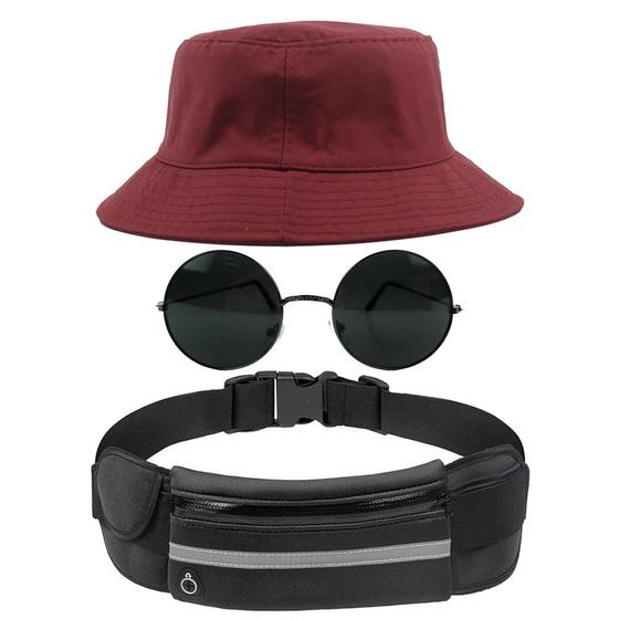 Imagem de Kit Chapéu Bucket Hat, Pochete Ajustável Impermeável Saída Fone E Óculos Escuro de Sol Redondo Com Armação Metal MD-26