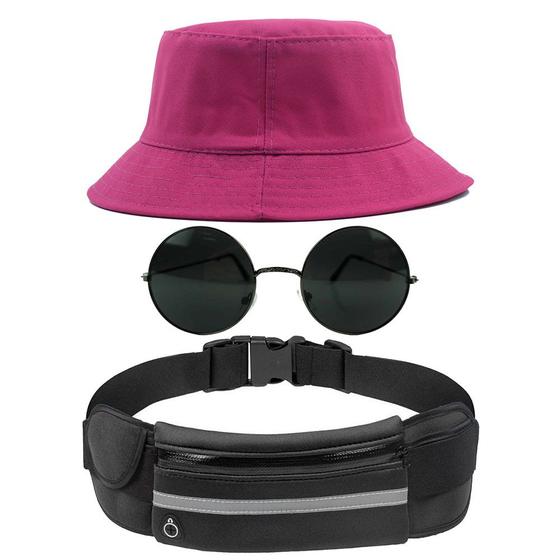 Imagem de Kit Chapéu Bucket Hat, Pochete Ajustável Impermeável Saída Fone E Óculos Escuro de Sol Redondo Com Armação Metal MD-26