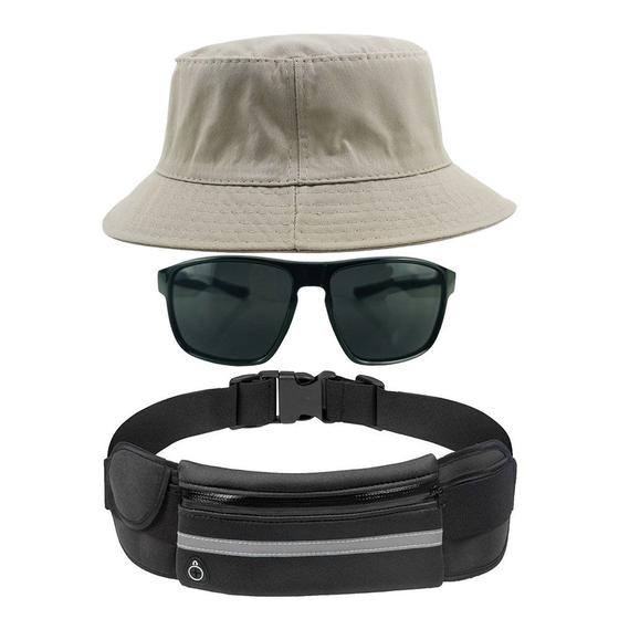 Imagem de Kit Chapéu Bucket Hat, Pochete Ajustável Saída De Fone E Óculos de Sol Grande Retangular Unissex Armação Fosca MD-41