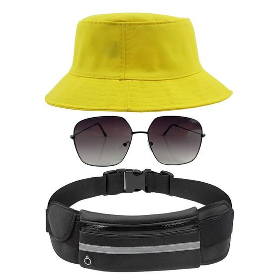 Imagem de Kit Chapéu Bucket Hat, Pochete Ajustável Saída Fone E Óculos de Sol Geométrico Armação Metálica Lente Degrade MD-42