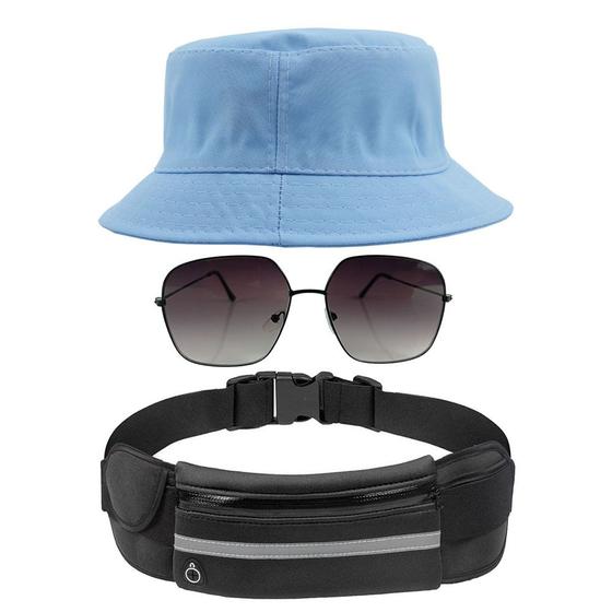 Imagem de Kit Chapéu Bucket Hat, Pochete Ajustável Saída Fone E Óculos de Sol Geométrico Armação Metálica Lente Degrade MD-42