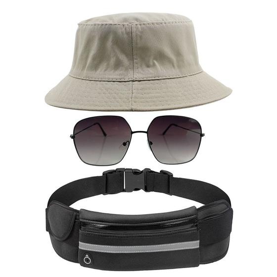 Imagem de Kit Chapéu Bucket Hat, Pochete Ajustável Saída Fone E Óculos de Sol Geométrico Armação Metálica Lente Degrade MD-42