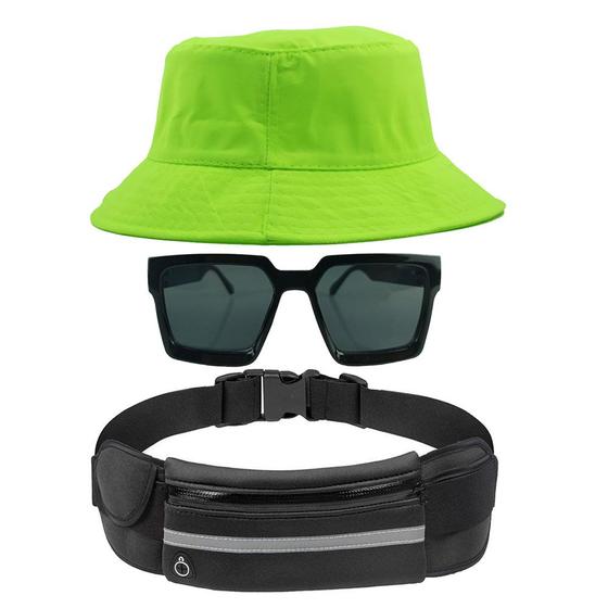 Imagem de Kit Chapéu Bucket Hat, Pochete Ajustável Saída Fone E Óculos de Sol Geométrico Com Armação Quadrada Lente Escura MD-43