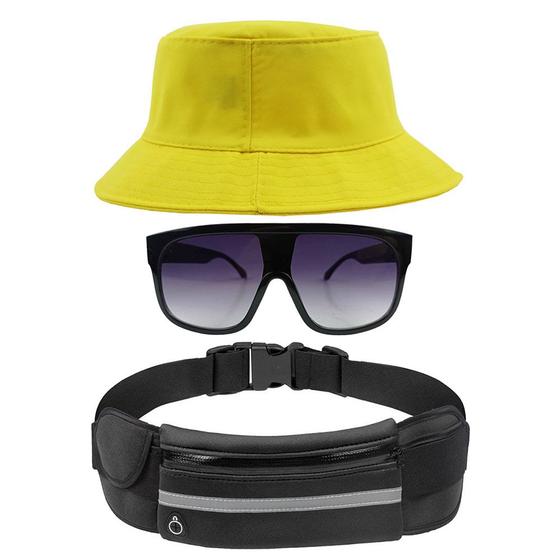Imagem de Kit Chapéu Bucket Hat, Pochete Ajustável Saída Fone E Óculos de Sol Quadrado Armação Transparente Com Proteção MD-31