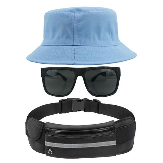 Imagem de Kit Chapéu Bucket Hat, Pochete Ajustável Saída Fone E Óculos de Sol Retangular Armação Fosca Efeito Emborrachado MD-37