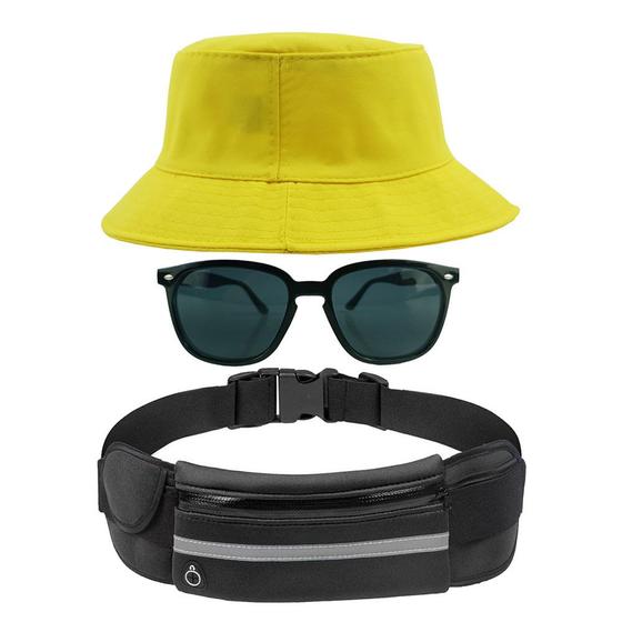 Imagem de Kit Chapéu Bucket Hat, Pochete Impermeável Saída Fone E Óculos de Sol Retangular Feminino E Masculino Clubmaster MD-39