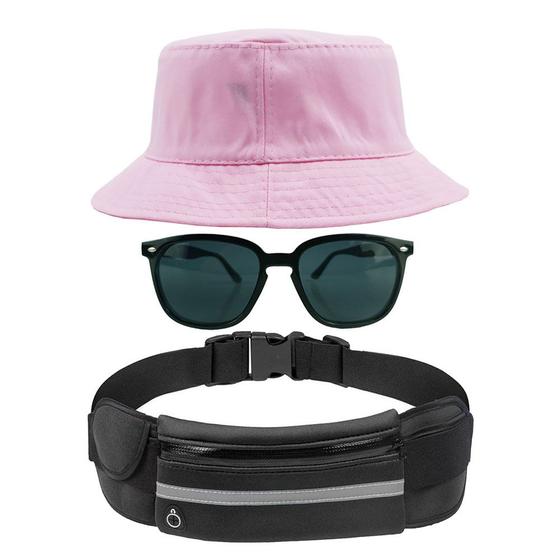 Imagem de Kit Chapéu Bucket Hat, Pochete Impermeável Saída Fone E Óculos de Sol Retangular Feminino E Masculino Clubmaster MD-39