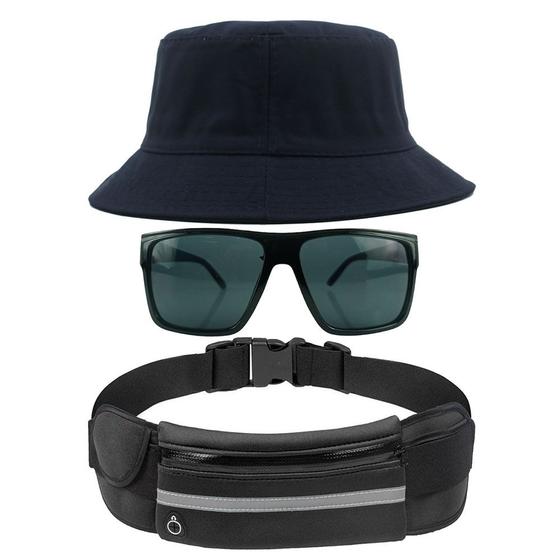 Imagem de Kit Chapéu Bucket Hat, Pochete Impermeável Saída Fone E Óculos de Sol Retangular Masculino Espelhado Armação Fosca MD-40