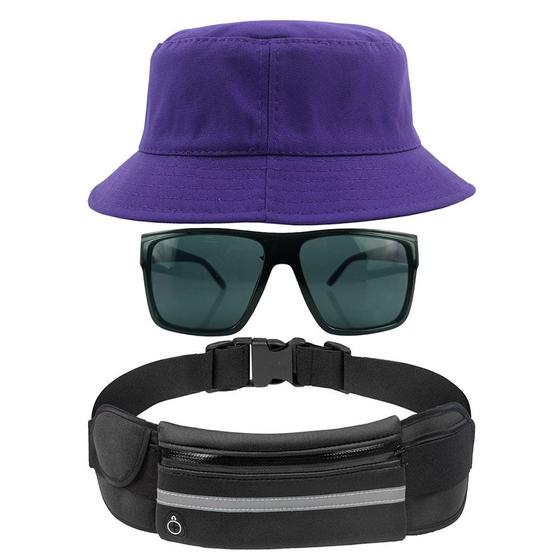 Imagem de Kit Chapéu Bucket Hat, Pochete Impermeável Saída Fone E Óculos de Sol Retangular Masculino Espelhado Armação Fosca MD-40