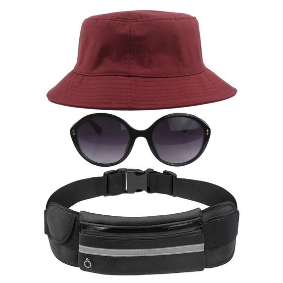 Imagem de Kit Chapéu Bucket Hat, Pochete Impermeável Saída Fone E Óculos Redondo De Sol Feminino Adulto Com Proteção UV400 MD-27